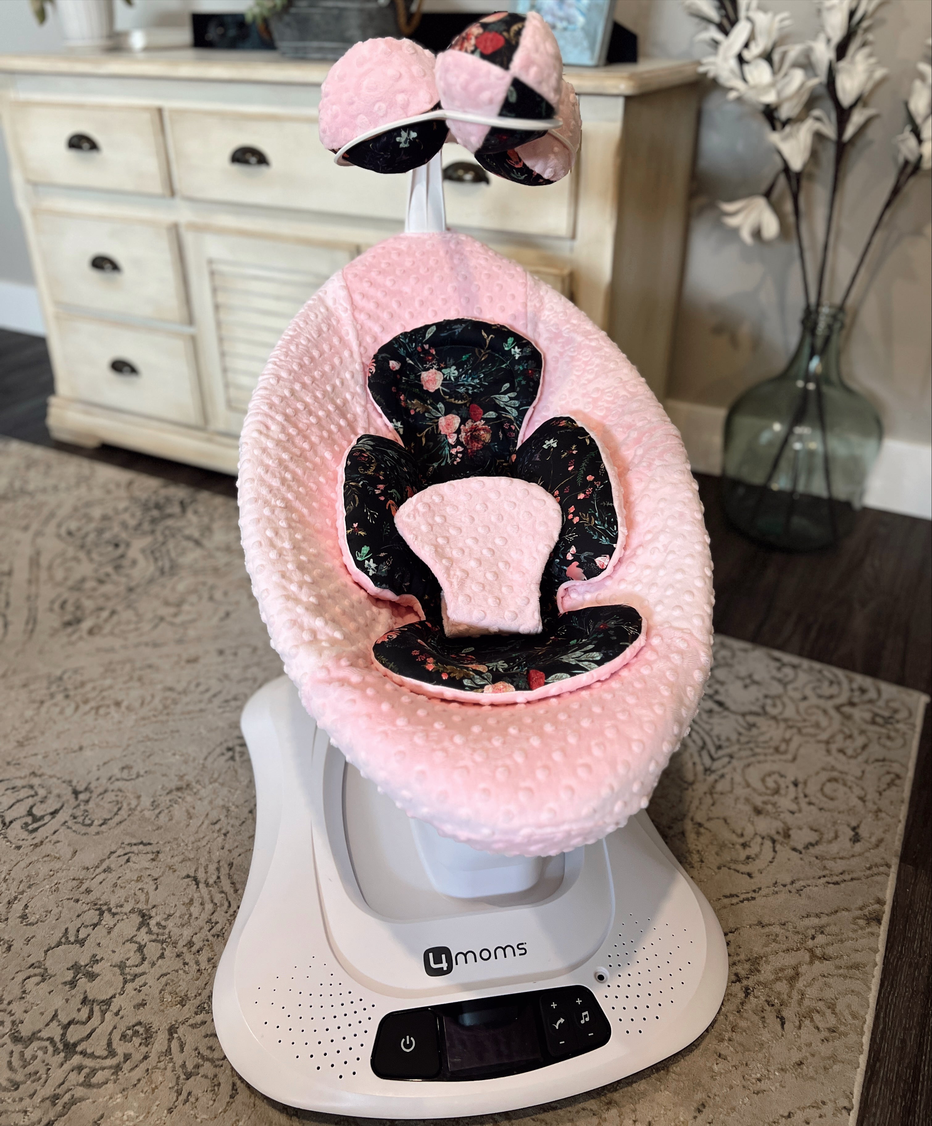 Mamaroo seat cover, newborn insert and balls in dark fable forest and pink