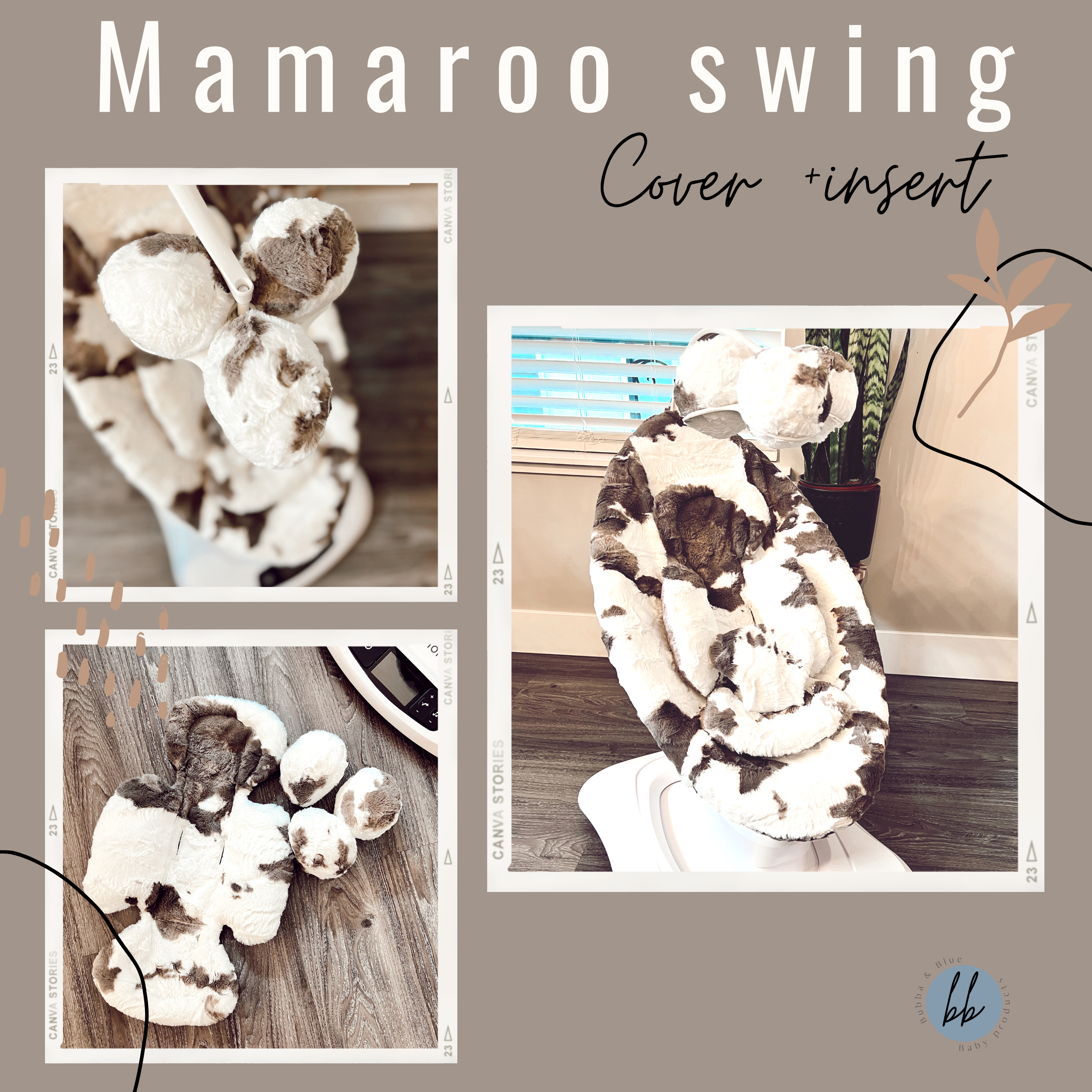 Mamaroo seat cover, newborn insert and balls in cow hide luxe minky