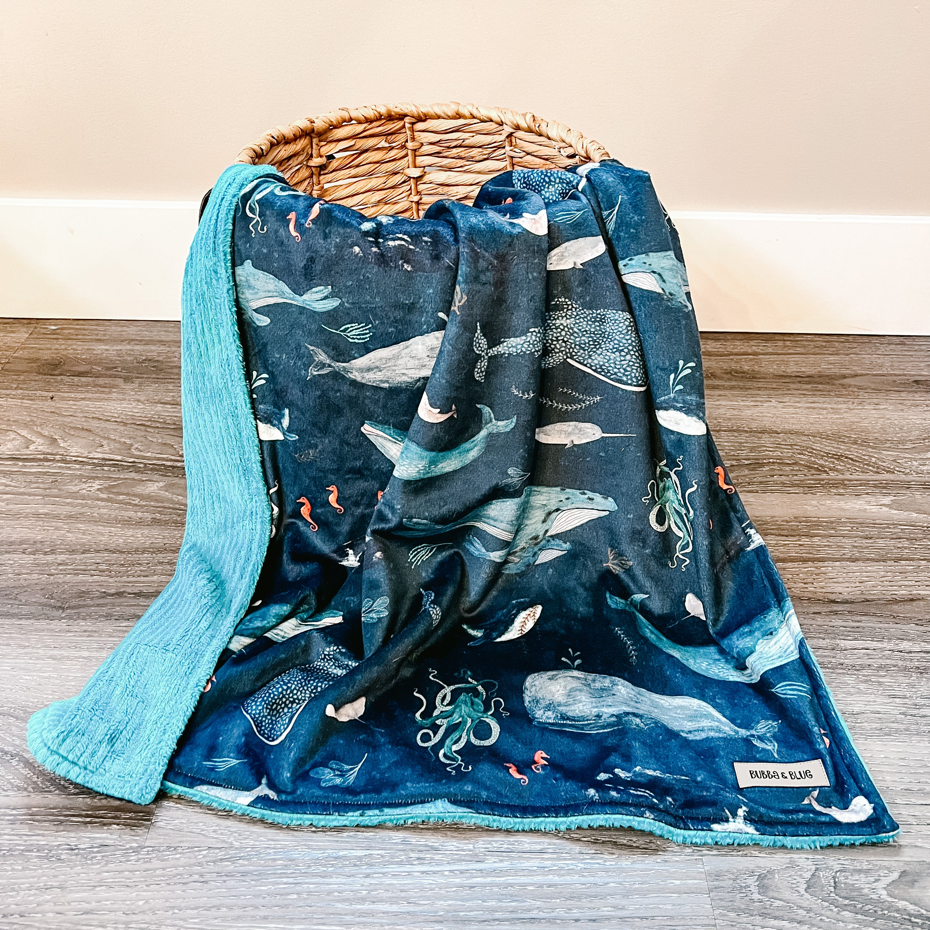 Blue whale crib minky blanket 36"