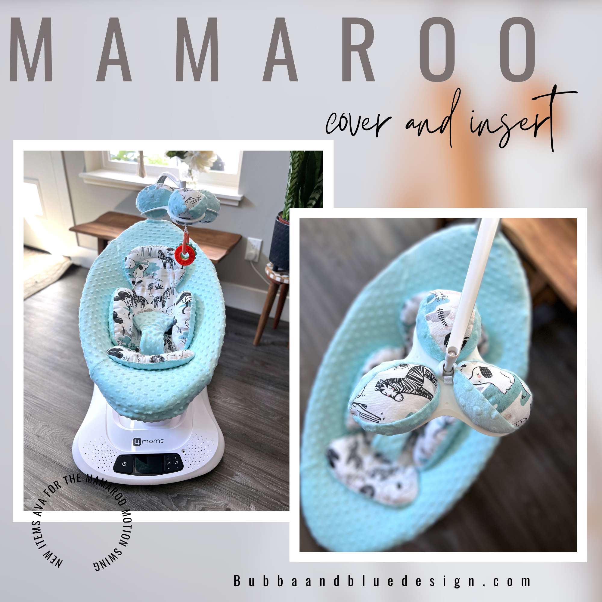 Mamaroo seat cover, newborn insert and balls in aqua safari animal