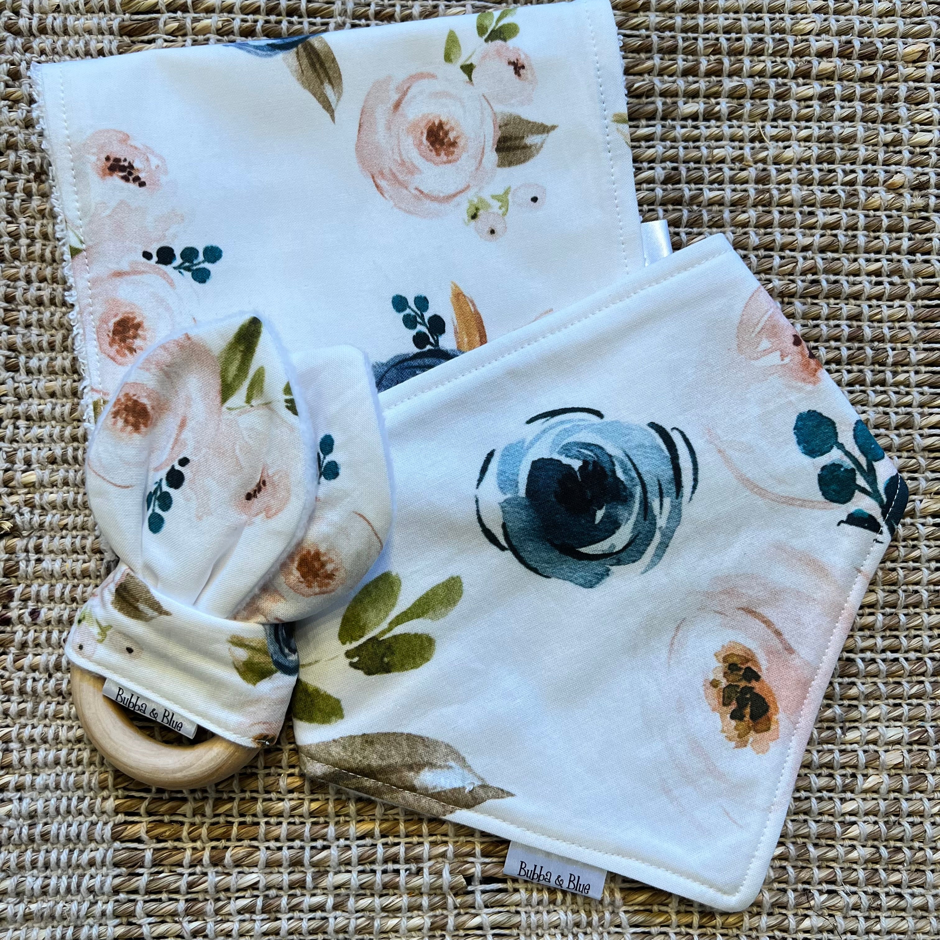 Gift set ( burp cloths , bib + tether) in blue and blush floral
