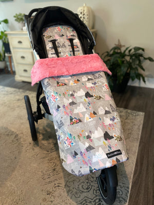 GREY AND PINK DREAM MOUNTAIN PRINTED STROLLER FOOTMUFF BLANKET THAT ATTACHES TO THE STROLLER / CUSTOM MADE TO FIT YOUR STROLLER