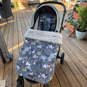 MAXS MAPS MOUNTAIN PRINTED STROLLER FOOTMUFF BLANKET THAT ATTACHES TO THE STROLLER / CUSTOM MADE TO FIT YOUR STROLLER